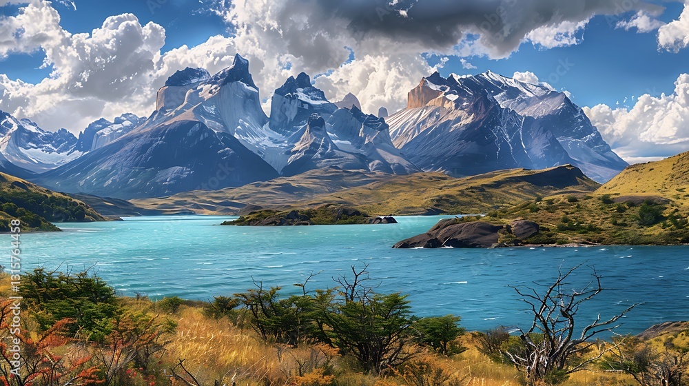 Naklejka premium Stunning Landscape of Mountains and Turquoise Lake Under Dramatic Clouds in Patagonia Region