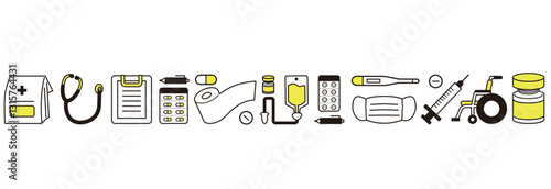 シンプルな医療器具のアイテムイラスト複数＿主線ありタッチのライン飾り（白黒＋イエロー）

