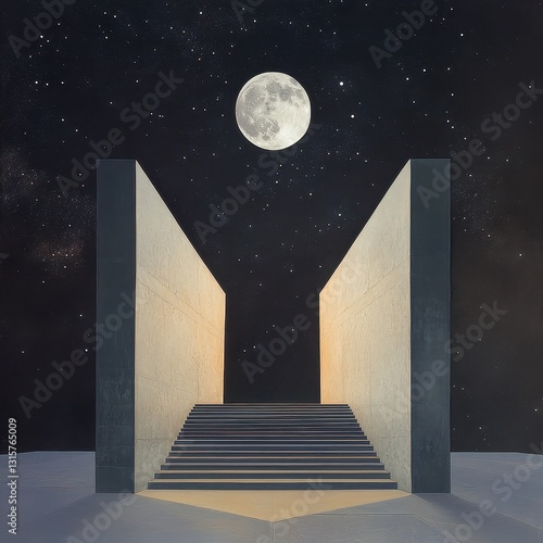 A cosmic temple illuminated by twin moons, full moon hovering close, crescent moon orbiting fast, constellations glowing in perfect symmetry