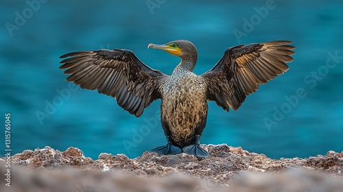 Galpagos Cormorant flightless Galpagos Cormorant drying its stubby wings on a volcanic shoreline the deep blue ocean behind it