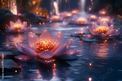 Wallpaper Mural Illuminated lotus blossoms in a mystical pond Torontodigital.ca