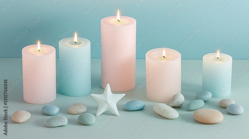 Softly Lit Pastel Candles Surrounded by Seashells and a Starfish on a Table Against a Calm Aqua Background Softly Lit Pastel Candles Surrounded by Seashells and a Starfish on a Table Against a Calm Aqua Background