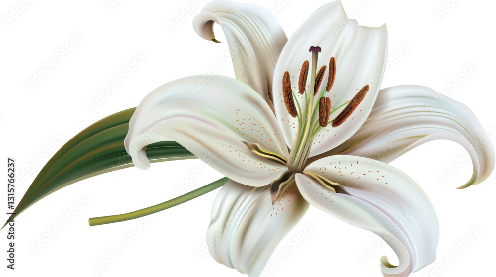 Fototapeta premium White lily blooming with green leaves on transparent background