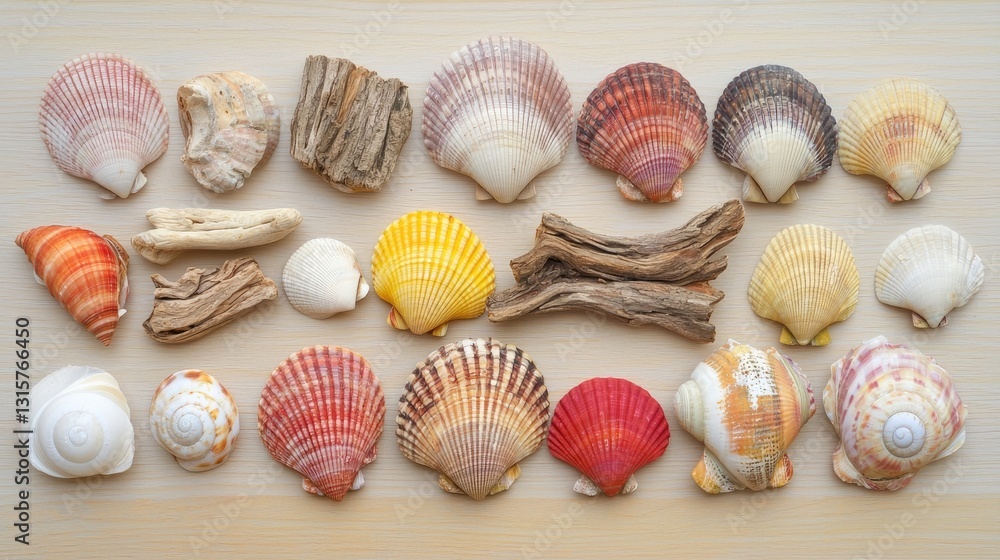 Colorful Collection of Various Seashells Displayed on a Wooden Surface Evoking Coastal Memories and Oceanic Tranquility Colorful Collection of Various Seashells Displayed on a Wooden Surface Evoking Coastal Memories and Oceanic Tranquility