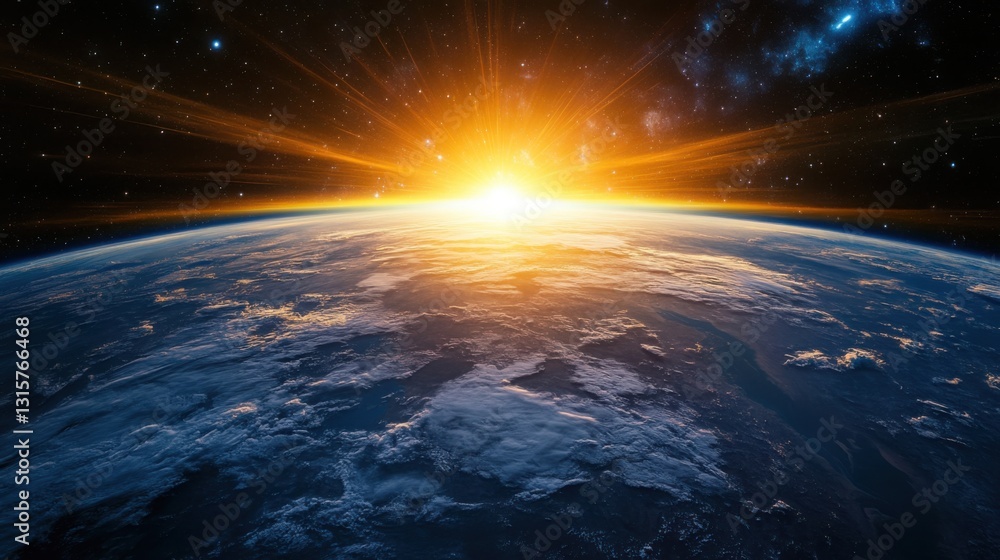Earth from space with a bright sunrise over the horizon Earth from space with a bright sunrise over the horizon