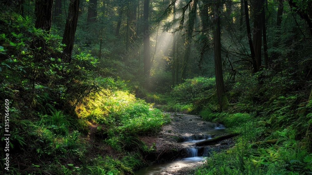 Fototapeta premium Sunbeams Illuminating a Serene Forest Stream
