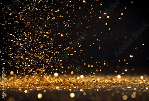 Golden glitter falling on dark surface, sparkling particles, abstract background, festive decoration, celebration design, luxury texture, shiny backdrop, glamour effect.