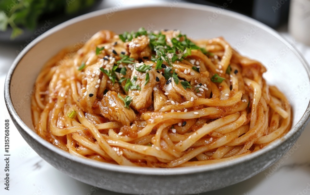 Delicious chicken udon noodles in a savory sauce, garnished with sesame seeds and green onions. Delicious chicken udon noodles in a savory sauce, garnished with sesame seeds and green onions.