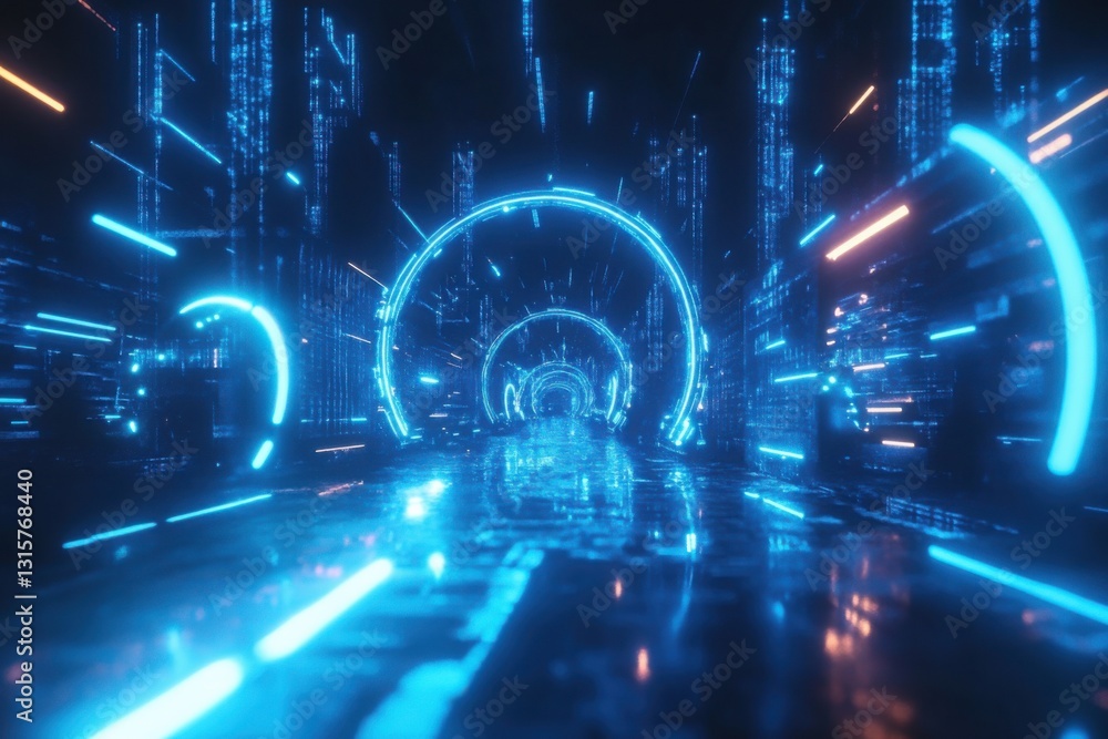 Futuristic Neon Tunnel, Digital Data Stream, Abstract Background Futuristic Neon Tunnel, Digital Data Stream, Abstract Background
