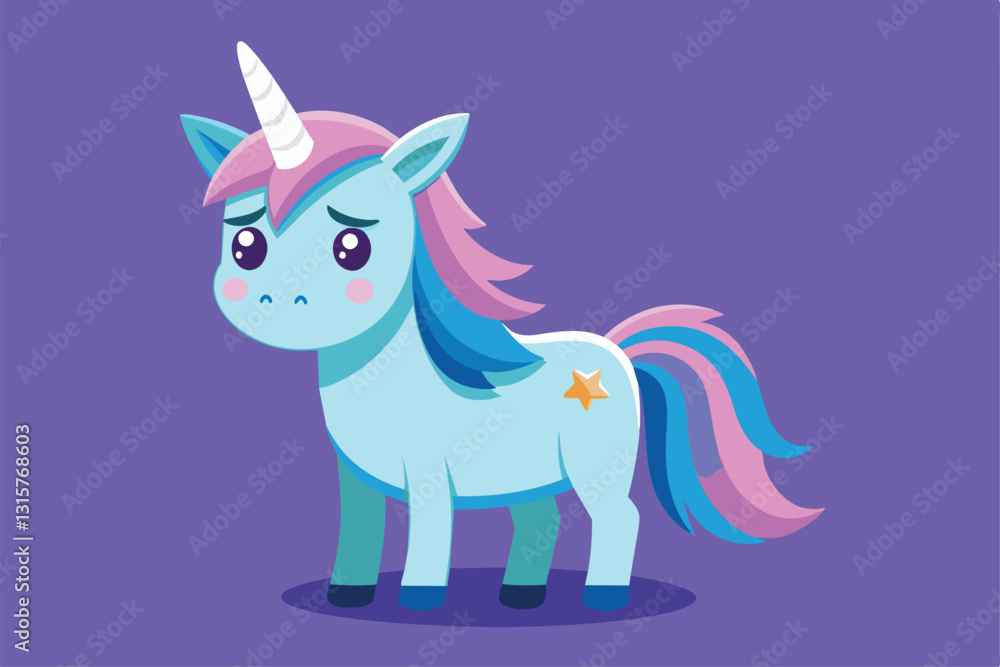 A customizable unicorn with a sorrowful expression features a vibrant mane and a star symbol, Sad unicorn Customizable Semi Flat Illustration A customizable unicorn with a sorrowful expression features a vibrant mane and a star symbol, Sad unicorn Customizable Semi Flat Illustration