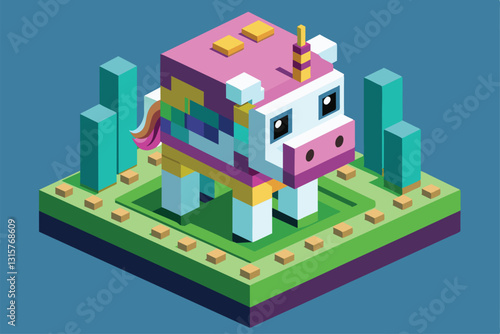 A sad unicorn stands on a colorful, stylized base, surrounded by geometric shapes in a whimsical landscape, Sad unicorn Customizable Isometric Illustration