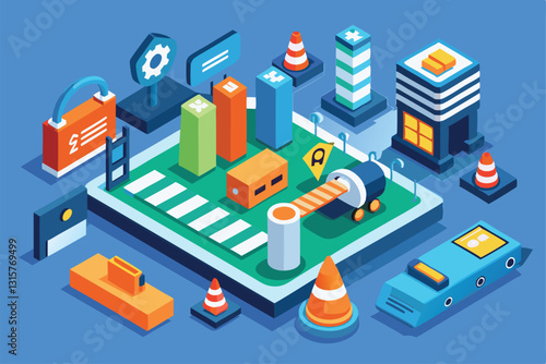 This isometric illustration depicts a customizable urban landscape with buildings, vehicles, and road elements, Safe Customizable Isometric Illustration