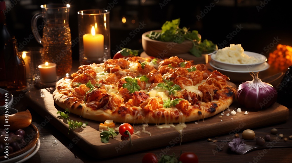 Rustic Gourmet Pizza for Candlelit Table Setting. Rustic Gourmet Pizza for Candlelit Table Setting.