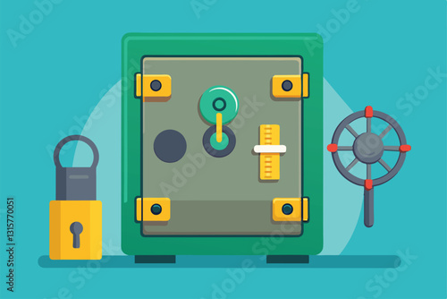 A sturdy green safe with a combination mechanism and a padlock sits against a vibrant blue backdrop, Safe theft