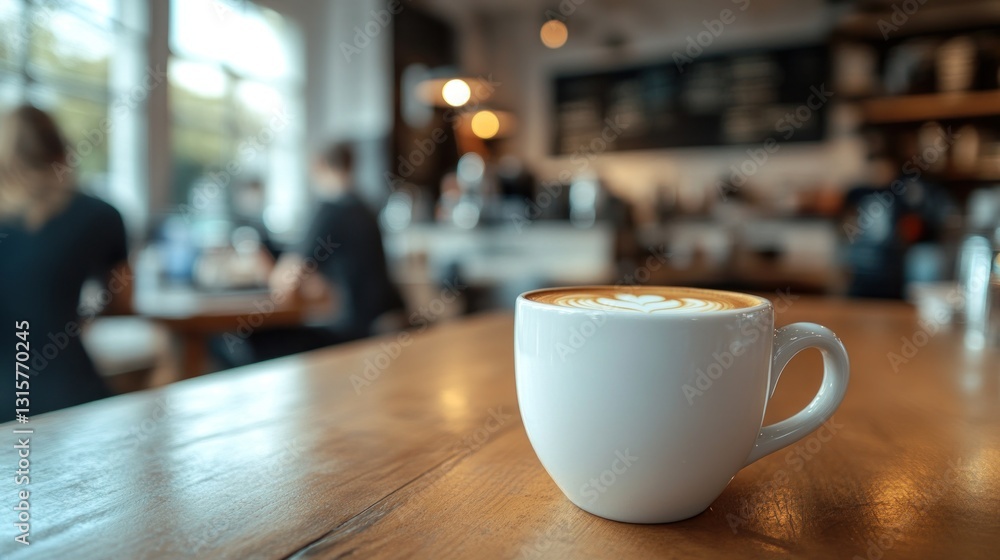 perfectly crafted latte art in a white cup resting on a wooden table inside a bustling coffee shop creates a cozy and inviting atmosphere perfectly crafted latte art in a white cup resting on a wooden table inside a bustling coffee shop creates a cozy and inviting atmosphere