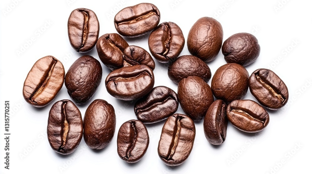 Close-Up of Freshly Roasted Coffee Beans on White Background Capturing Their Glossy Texture and Rich Flavor Close-Up of Freshly Roasted Coffee Beans on White Background Capturing Their Glossy Texture and Rich Flavor