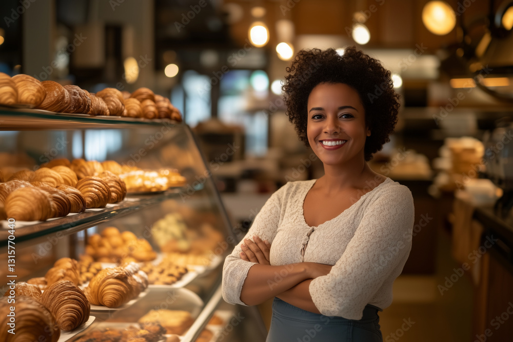 Portrait of a smiling bakery owner standing in front of a glass display case filled with breads and croissants in her bakery. Portrait of a smiling bakery owner standing in front of a glass display case filled with breads and croissants in her bakery.