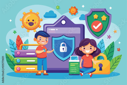 Two children explore the concept of online safety with colorful visuals and protective icons nearby, Safety for kids, Protection with login and password,