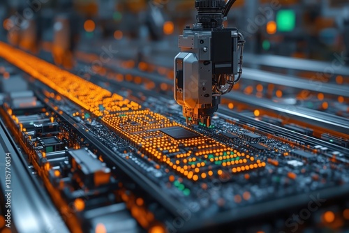A futuristic electronics manufacturing facility with robotic assembly lines, computerized control panels, and workers in specialized suits.
