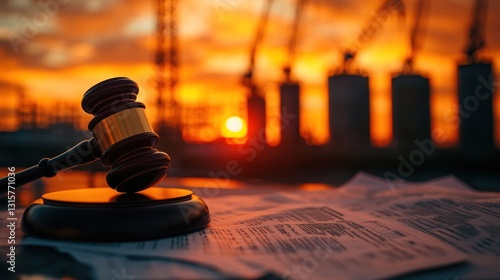 sunset silhouette a gavel rests on legal documents with industrial backdrop symbolizing legal challenges and regulatory frameworks in industry