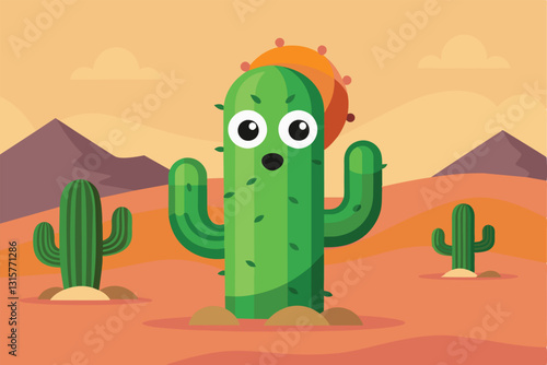 A whimsical saguaro cactus stands cheerfully in a vibrant desert setting with mountains in the background, Saguaro cactus Customizable Cartoon Illustration