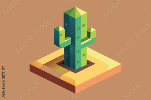 A vibrant isometric representation of a saguaro cactus, featuring customizable elements for design use, Saguaro cactus Customizable Isometric Illustration