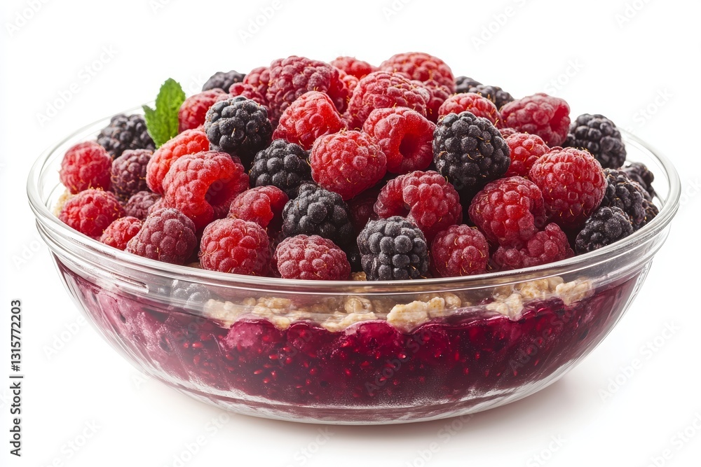 A Close Up View of a Glass Bowl Filled with a Delicious Berry Crumble, Featuring a Mixture of Ripe Raspberries and Blackberries in a Juicy, Sweet Topping, Set Against a Clean White Background A Close Up View of a Glass Bowl Filled with a Delicious Berry Crumble, Featuring a Mixture of Ripe Raspberries and Blackberries in a Juicy, Sweet Topping, Set Against a Clean White Background