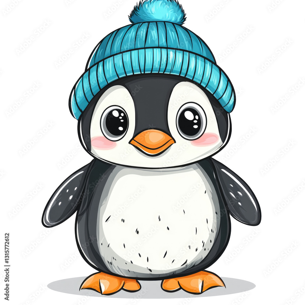 Obraz premium This image showcases a digitally illustrated adorable cartoon penguin wearing a knitted blue beanie hat.