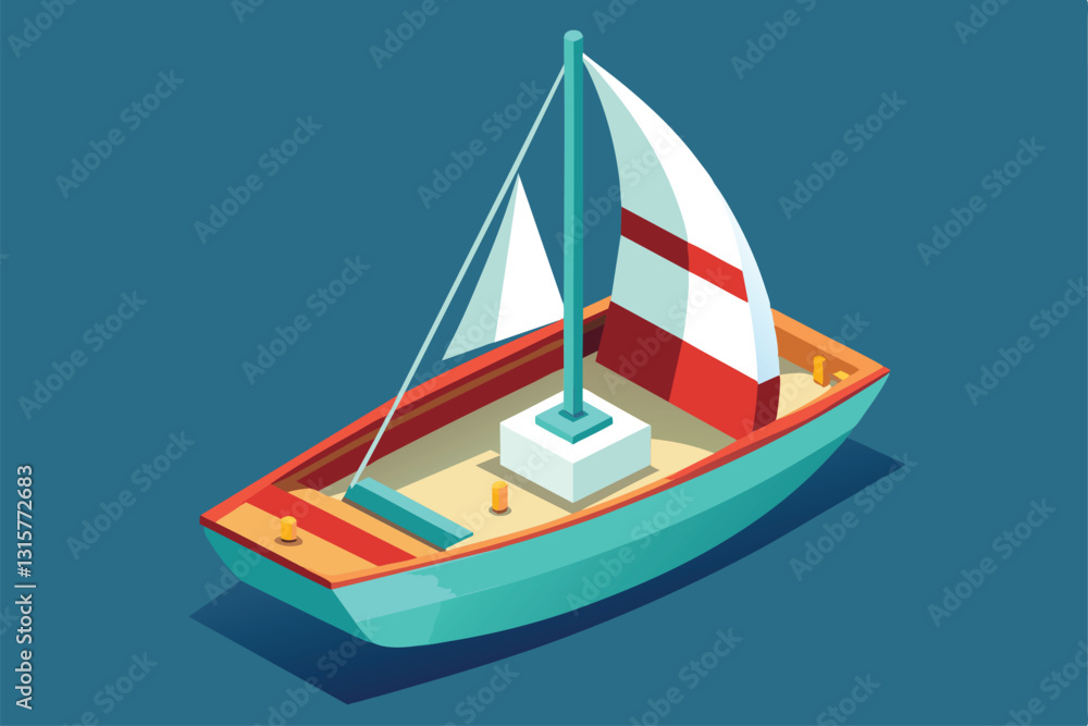 A colorful, customizable isometric sailboat with a red and white sail ready for ocean adventures, Sail boat Customizable Isometric Illustration A colorful, customizable isometric sailboat with a red and white sail ready for ocean adventures, Sail boat Customizable Isometric Illustration