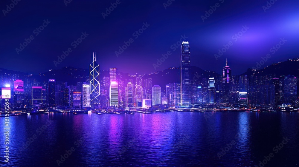 Obraz premium Neon Hong Kong Nightscape: A Vibrant City Skyline