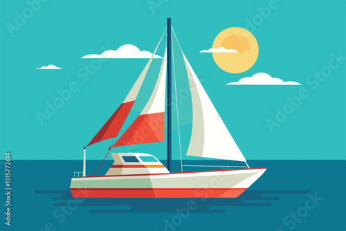 A vibrant sailboat with red and white sails glides smoothly across turquoise waters on a sunny day, Sail boat Customizable Flat Illustration