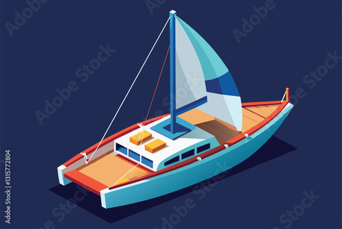 A detailed, customizable sailboat anchored on calm waters with a bright blue sky above, Sail boat Customizable Isometric Illustration