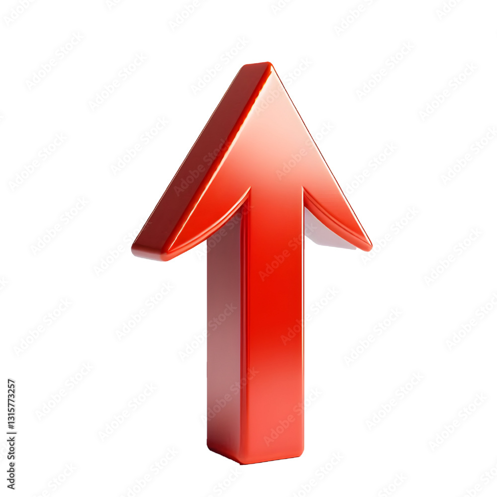 RED upward arrow isolated on a white background. Clean and glossy design. Concept of direction and rise. 3D Rendering RED upward arrow isolated on a white background. Clean and glossy design. Concept of direction and rise. 3D Rendering