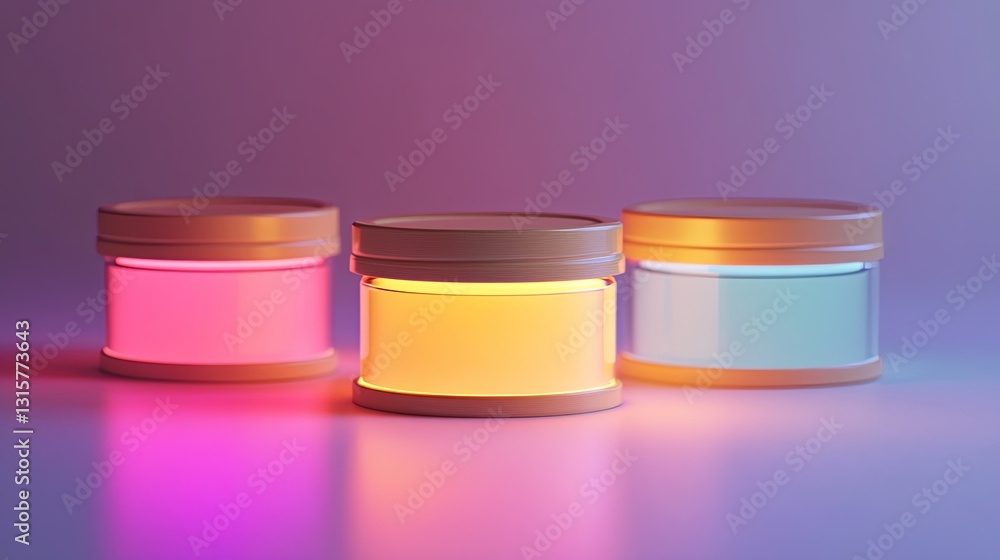 A glowing setup of product jars styled in a row with space for branding. pic A glowing setup of product jars styled in a row with space for branding. pic