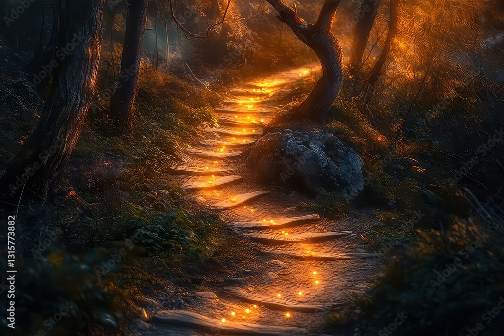 A winding underground trail bathed in the warm glow of unseen light sources. A winding underground trail bathed in the warm glow of unseen light sources.