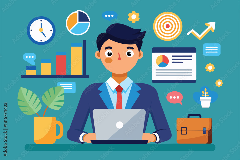 A cartoon character sits at a desk using a laptop, surrounded by colorful graphs and charts related to sales, Sales consulting Customizable Cartoon Illustration A cartoon character sits at a desk using a laptop, surrounded by colorful graphs and charts related to sales, Sales consulting Customizable Cartoon Illustration