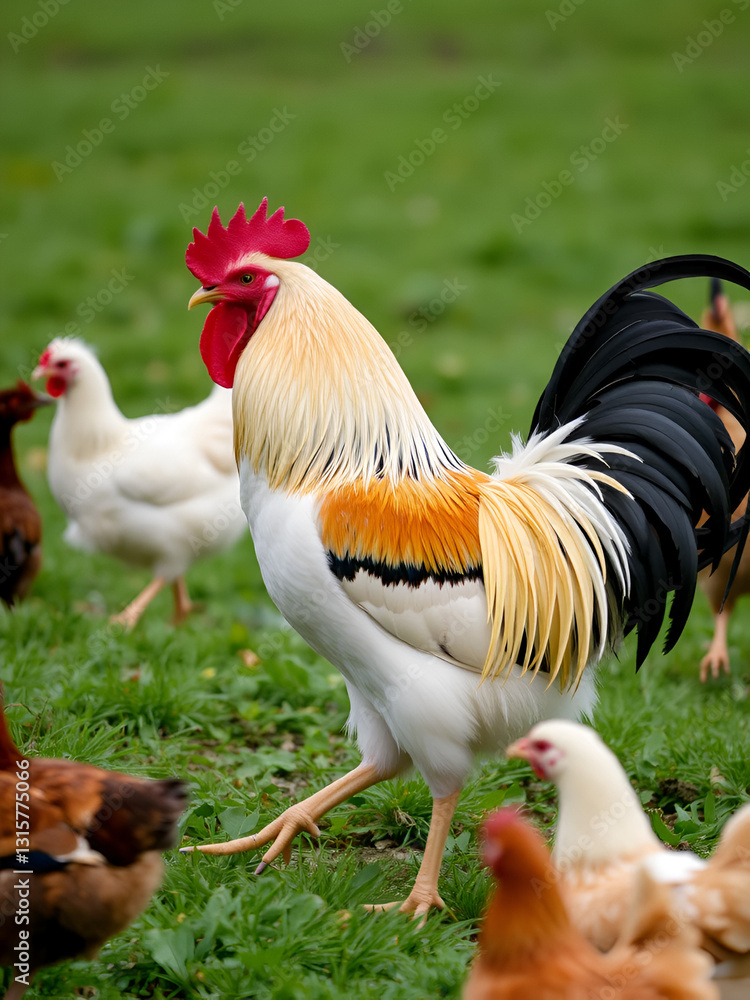 Fototapeta premium Rooster watching chickens, walking in the field.
