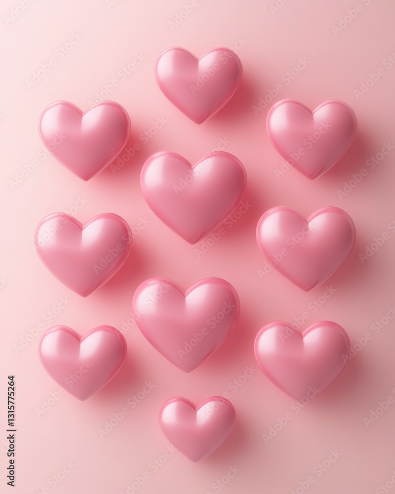 Nine pink hearts on pink background