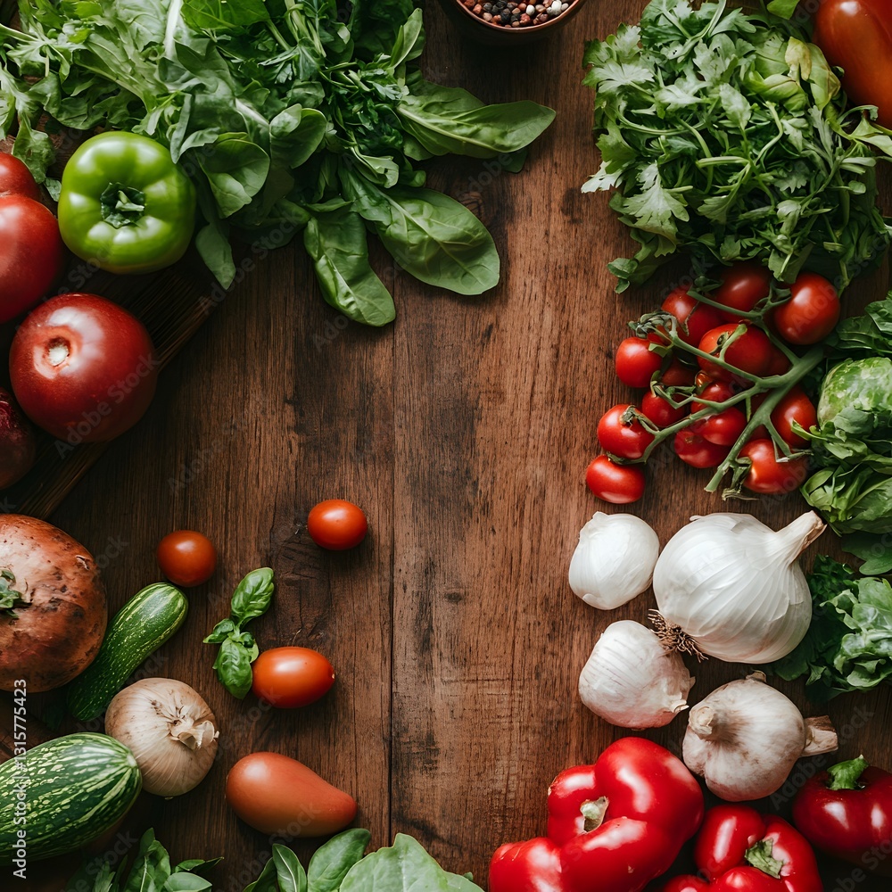 Fresh and Colorful Vegetables on Wooden Table Surrounded by Assorted Ingredients Fresh and Colorful Vegetables on Wooden Table Surrounded by Assorted Ingredients