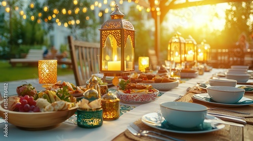 Wallpaper Mural Ramadan feast iftar gathering celebration. Elegant outdoor dining setup with lanterns and delicious dishes. Torontodigital.ca