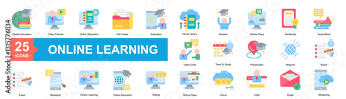 Online Learning Icon Sheet Global Education, Exam, Video Tutorial, Online Education, File Folder, Education, Cloud Library, Student, Online Class, Certificate, Audio Book, Exam, Research