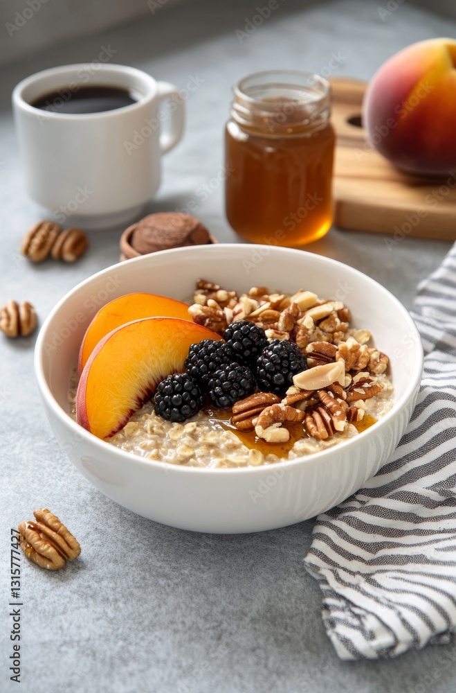 A Bowl Of Oatmeal Topped With Fruit Nuts And Served With Honey And Coffee Perfect For A Healthy And Delicious Breakfast Concept. A Healthy And Delicious Breakfast Idea. A Tasty And Nutritious Morning A Bowl Of Oatmeal Topped With Fruit Nuts And Served With Honey And Coffee Perfect For A Healthy And Delicious Breakfast Concept. A Healthy And Delicious Breakfast Idea. A Tasty And Nutritious Morning
