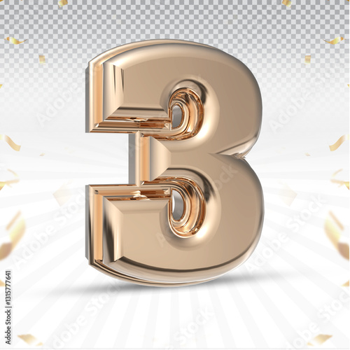 Golden 3D Number Three with Confetti on Transparent Background