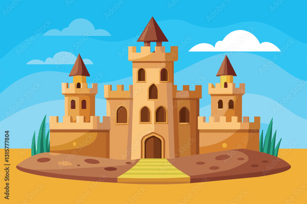 A charming sand castle features several towers and a wide path, capturing the essence of beach creativity, Sand castle Customizable Disproportionate Illustration A charming sand castle features several towers and a wide path, capturing the essence of beach creativity, Sand castle Customizable Disproportionate Illustration