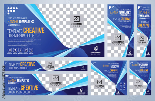 Set of Blue social media, Web banners templates, Coverpage Standard sizes with space. Vector illustration