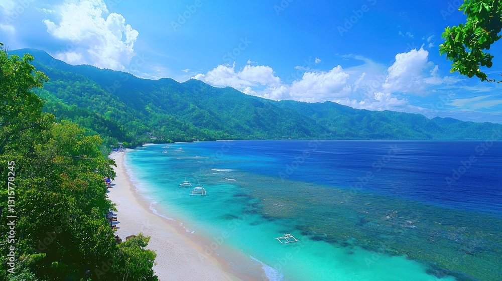 Stunning Tropical Beach Paradise: Azure Waters, Lush Mountains, and Pristine Sands Stunning Tropical Beach Paradise: Azure Waters, Lush Mountains, and Pristine Sands