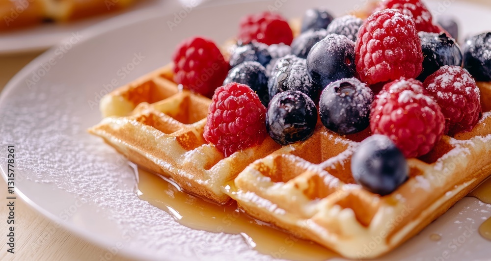 Closeup Of Golden Brown Waffles Topped With Fresh Berries And Drizzled With Syrup, Dusted With Sugar Perfect For Breakfast Or Dessert Concepts. A Delicious Treat. A Culinary Delight. A Perfect Closeup Of Golden Brown Waffles Topped With Fresh Berries And Drizzled With Syrup, Dusted With Sugar Perfect For Breakfast Or Dessert Concepts. A Delicious Treat. A Culinary Delight. A Perfect