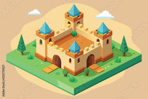 A detailed isometric design of a sand castle featuring towers and surrounded by greenery and trees, Sand castle Customizable Isometric Illustration
