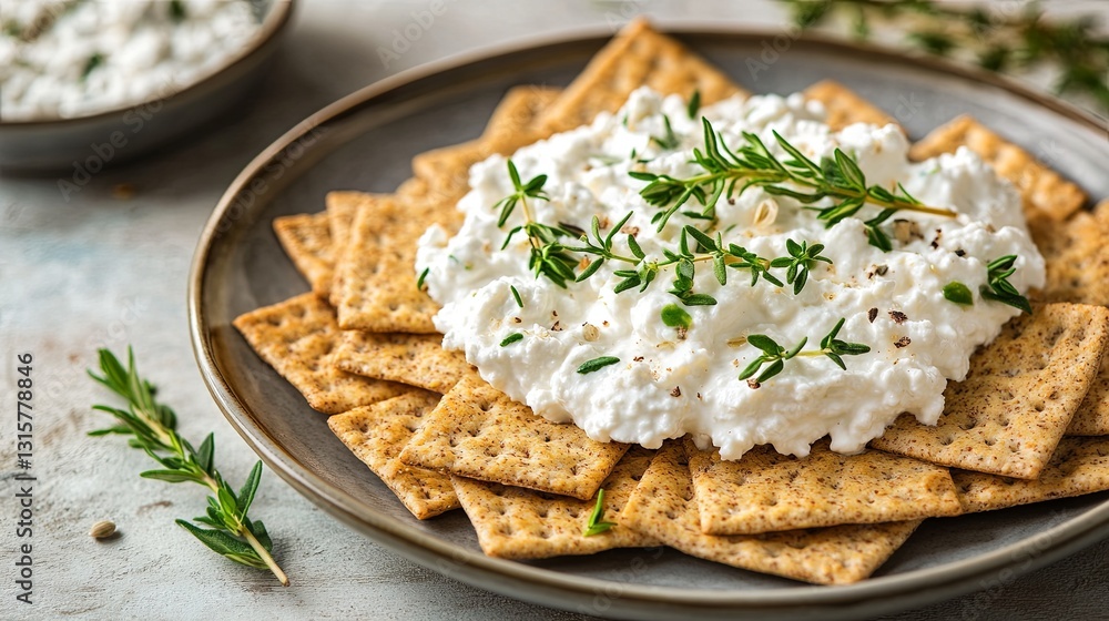 A plate of whole-grain crackers topped with cottage cheese and fresh herbs A plate of whole-grain crackers topped with cottage cheese and fresh herbs