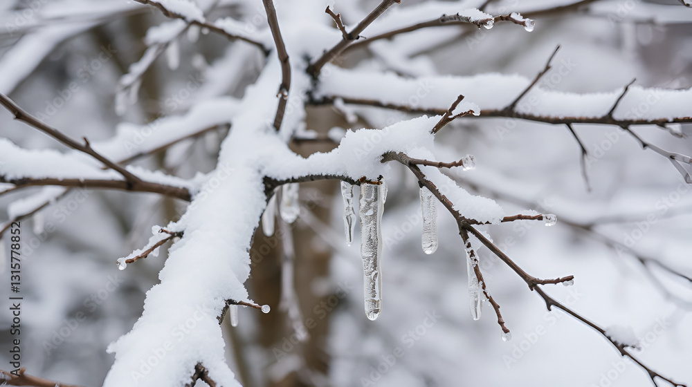 A close-up of snow-covered branches of a barren tree, with icicles hanging from the tips in the cold winter air A close-up of snow-covered branches of a barren tree, with icicles hanging from the tips in the cold winter air
